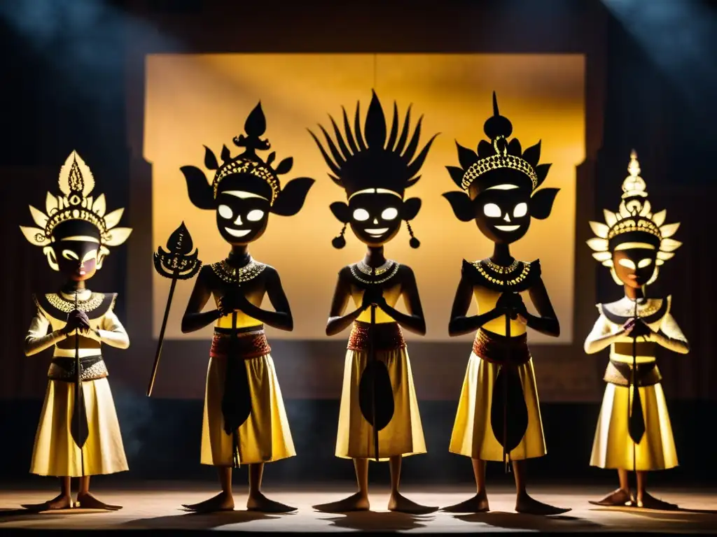 Maestros de danza de sombras Indonesia manipulan con destreza figuras de cuero, iluminados por lámparas de aceite