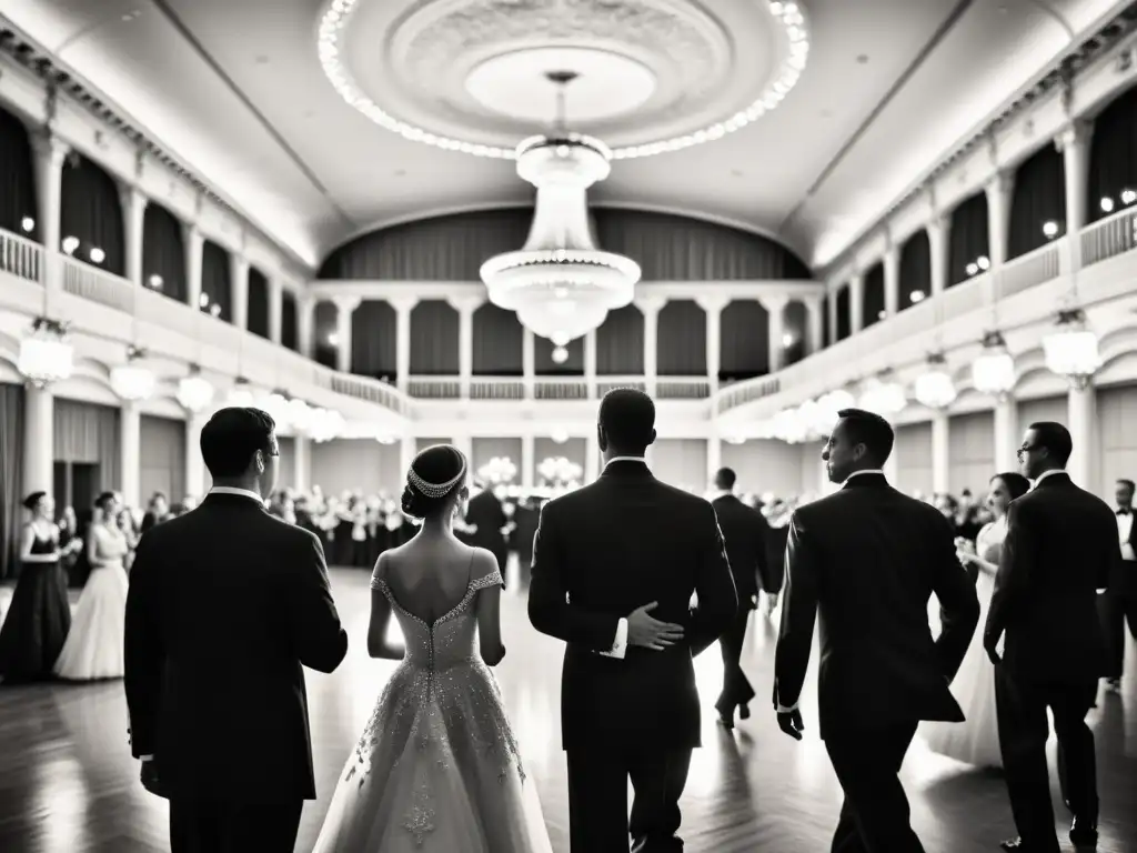 Una majestuosa fotografía en blanco y negro de un elegante salón de baile, donde parejas danzan al ritmo de un vals vienés