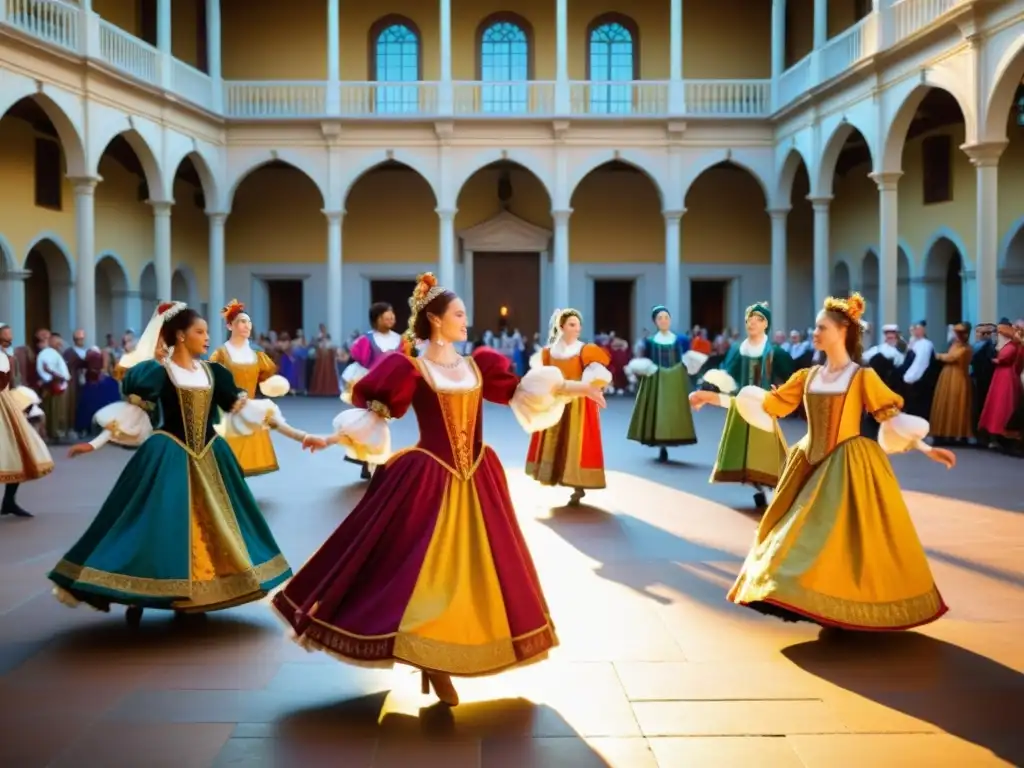 Una majestuosa representación de danzas renacentistas europeas, con bailarines elegantemente ataviados en un patio grandioso