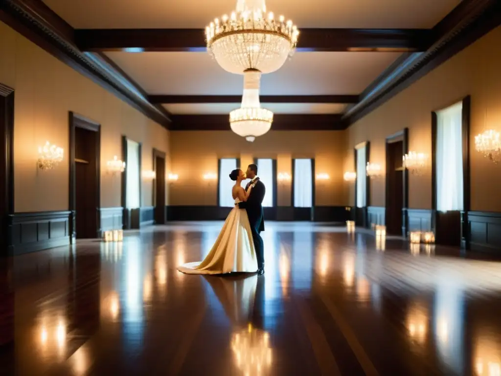 Una majestuosa sala de baile con candelabros centelleantes y el cálido brillo de las velas