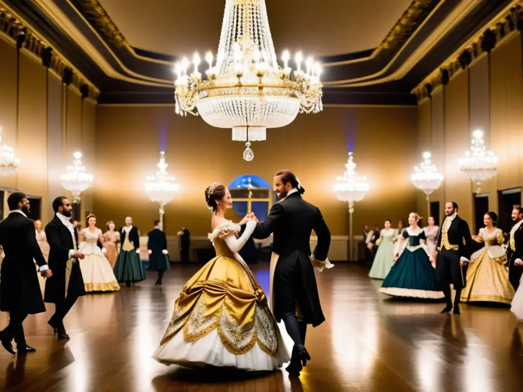 Una majestuosa sala de baile del siglo XVIII, llena de nobles bailando la Polonesa, iluminada por candelabros opulentos