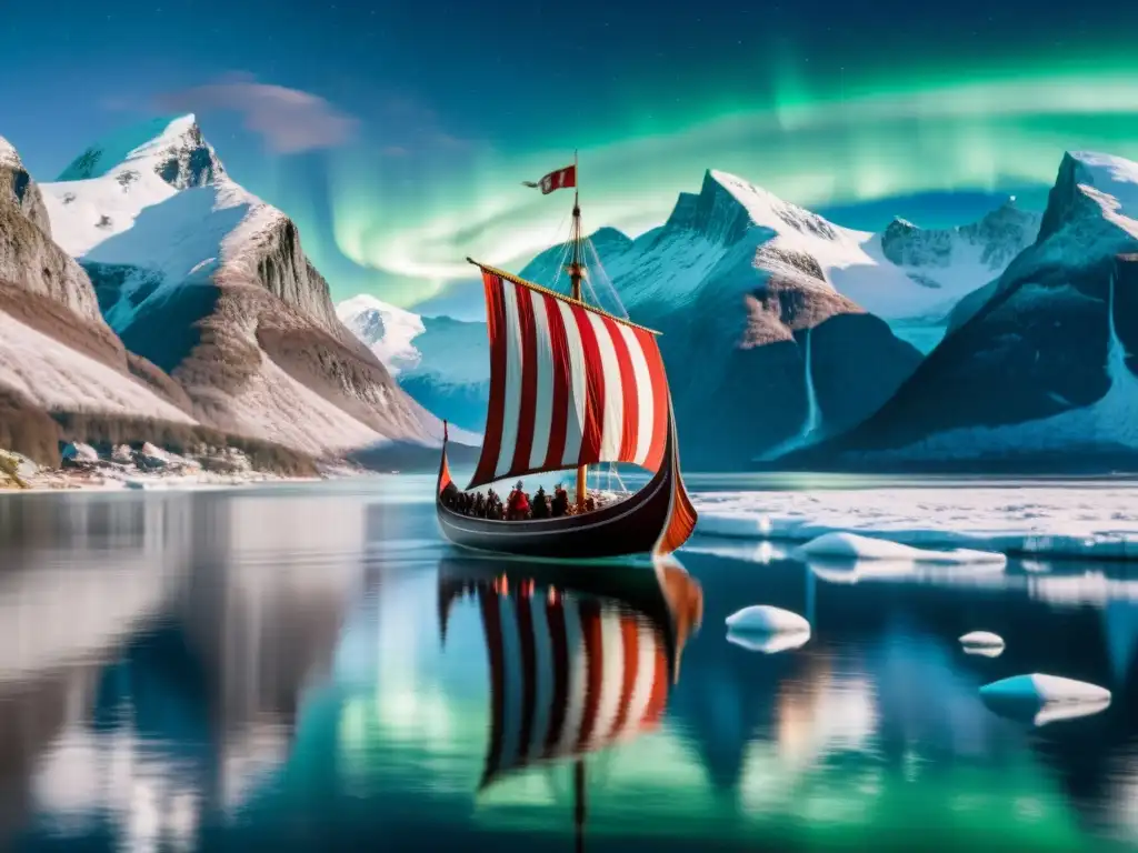 Un majestuoso barco vikingo navega en aguas heladas bajo la aurora boreal