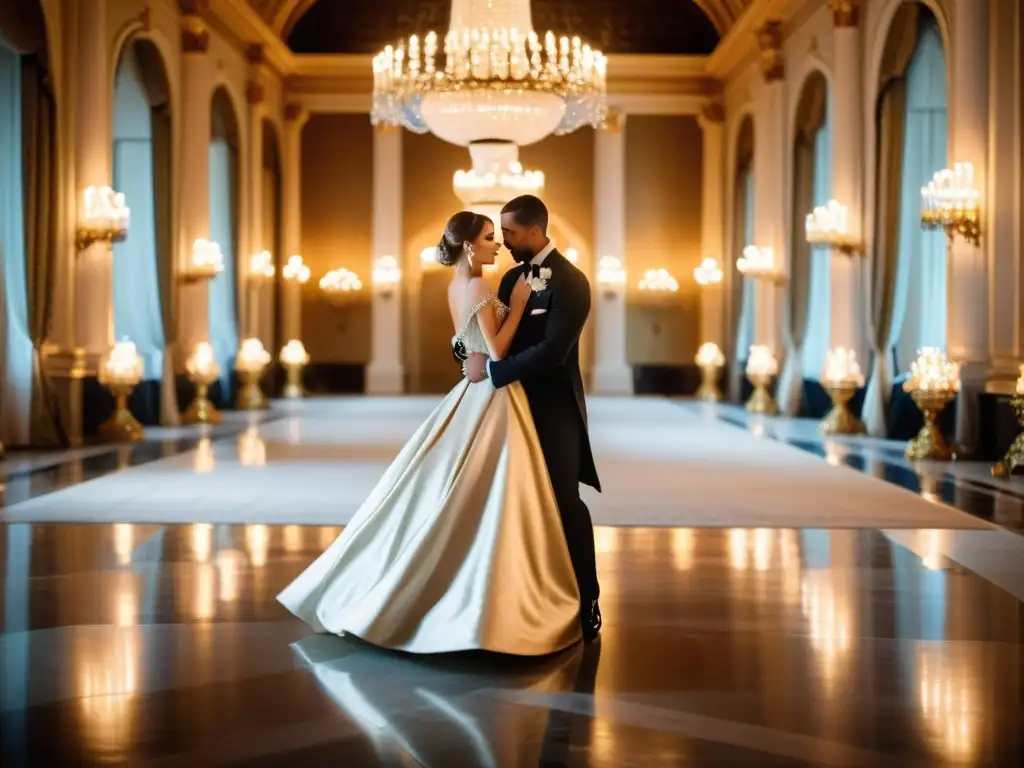 Un majestuoso salón de baile en un opulento palacio europeo, donde parejas elegantes bailan al ritmo de la historia mazurca vals Europa