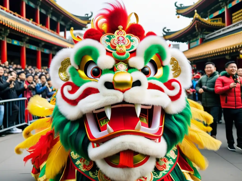 Un majestuoso traje de danza del león, con colores vibrantes y bordados detallados