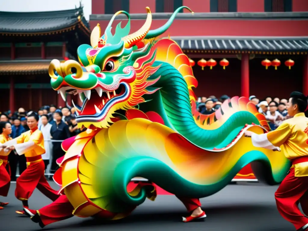 Un majestuoso traje de danza del dragón cobra vida en las bulliciosas calles, mientras el equipo de artistas lo anima con movimientos sinuosos