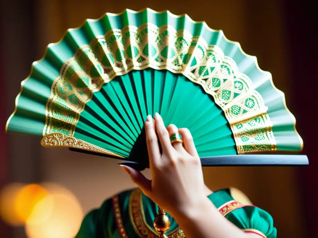 Mano de bailarina sostiene abanico con patrones vibrantes y anillos, resaltando significado cultural de accesorios en danza