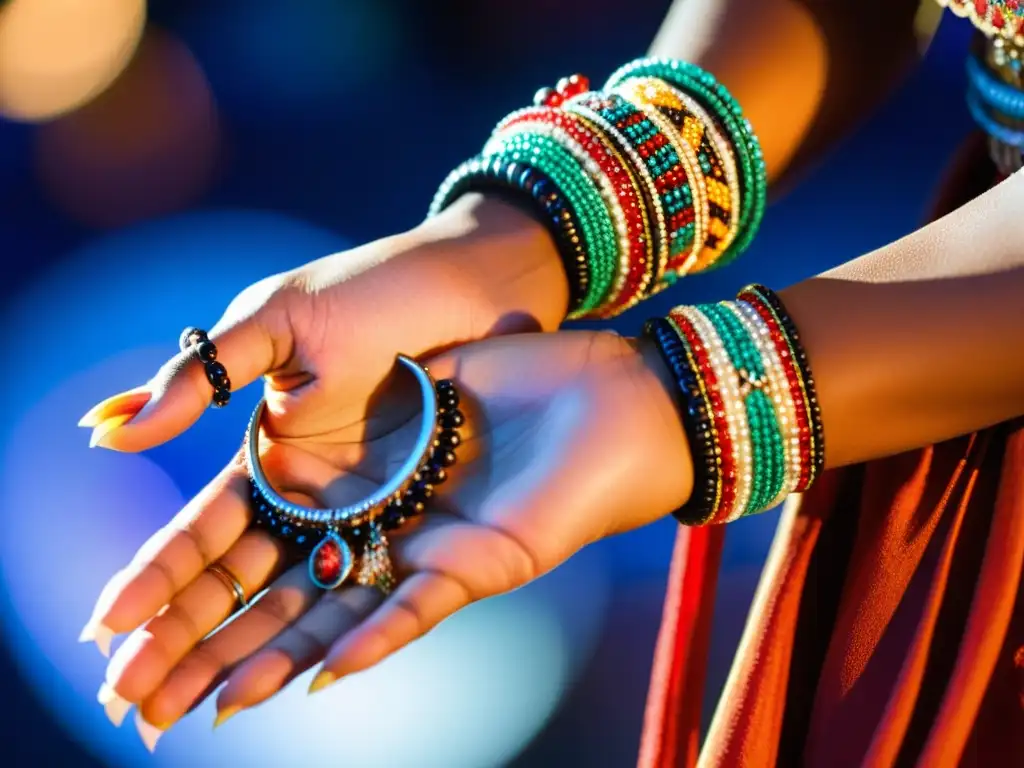 La mano de una bailarina luce pulseras y anillos brillantes, reflejando la importancia de la bisutería en la danza tradicional