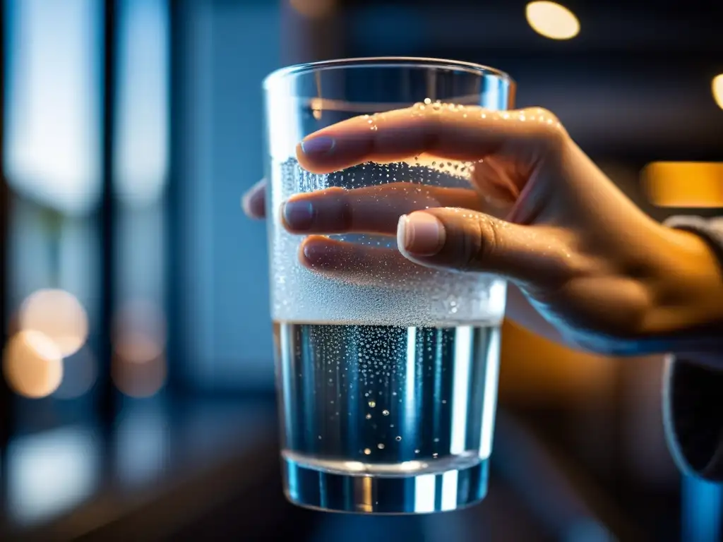 Una mano femenina sostiene un vaso de agua con gotas de condensación, en un gimnasio iluminado naturalmente