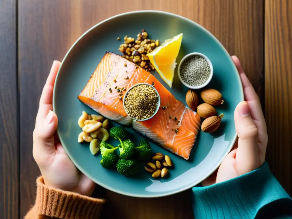 Mano sostiene plato con alimentos ricos en omega-3, transmitiendo salud y vitalidad