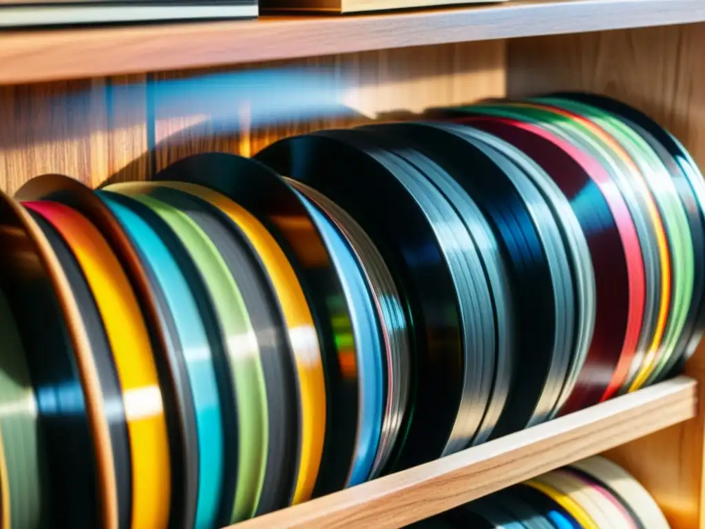 Una mano organiza vinilos en una biblioteca musical danzas del mundo, con luz suave y sombras