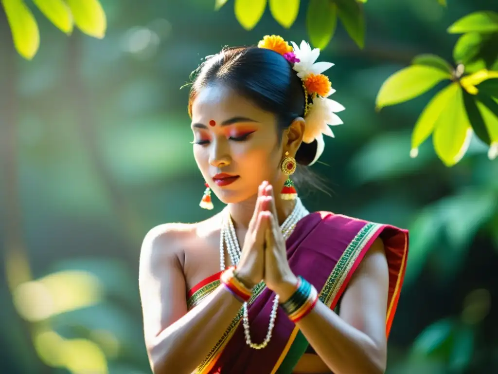 Manos adornadas con joyas y movimientos gráciles en la danza tradicional Manipuri en la exuberante naturaleza de la India