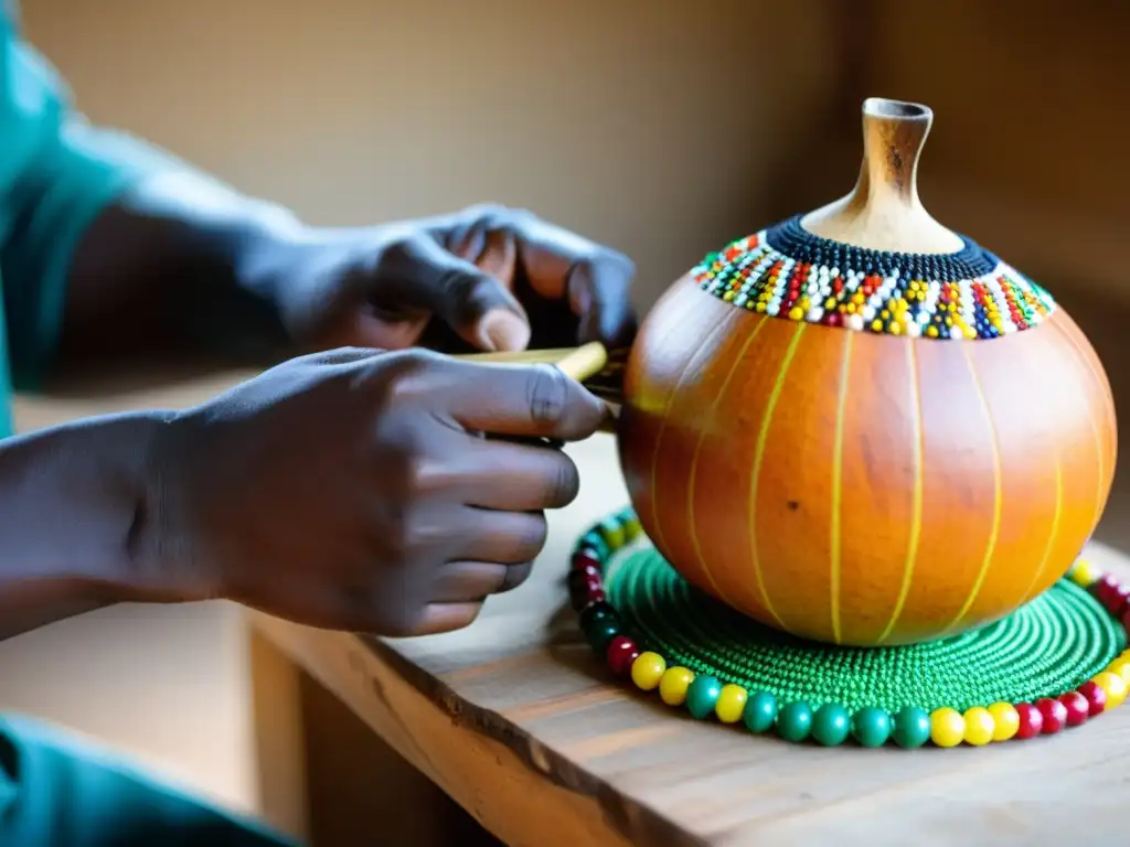 Las manos de un artesano hilvanando cuentas en un shekere africano, mostrando la técnica y el significado cultural del instrumento