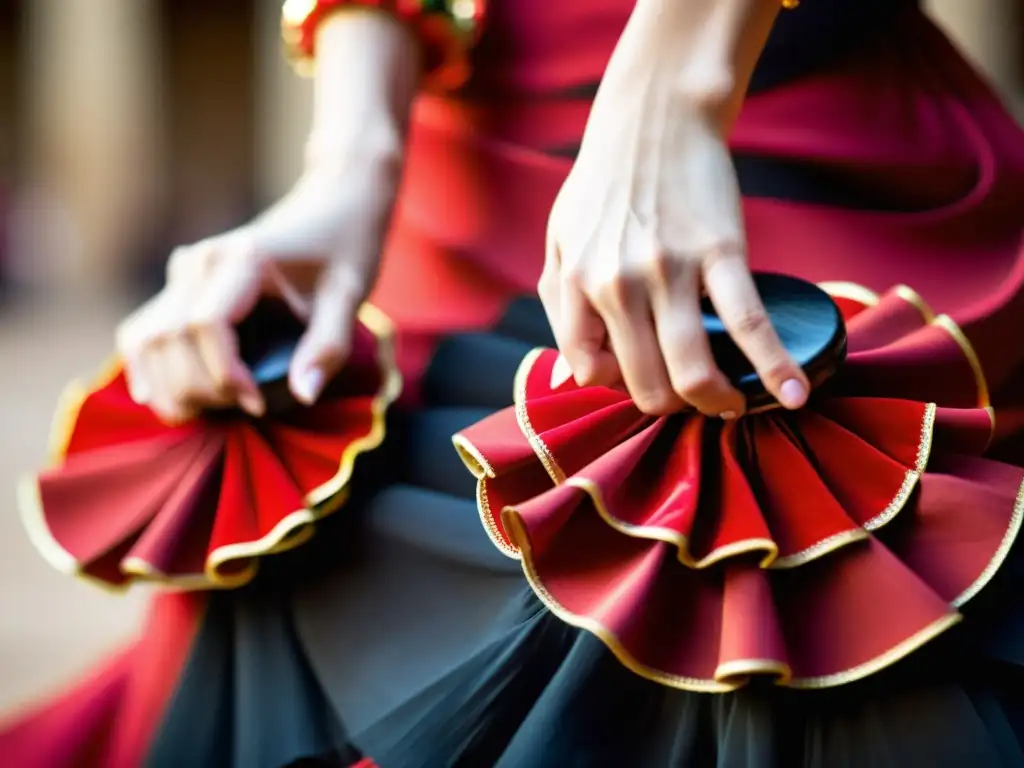 Las manos de una bailaora de flamenco en movimiento con castañuelas, capturando la pasión de las danzas tradicionales con percusión corporal