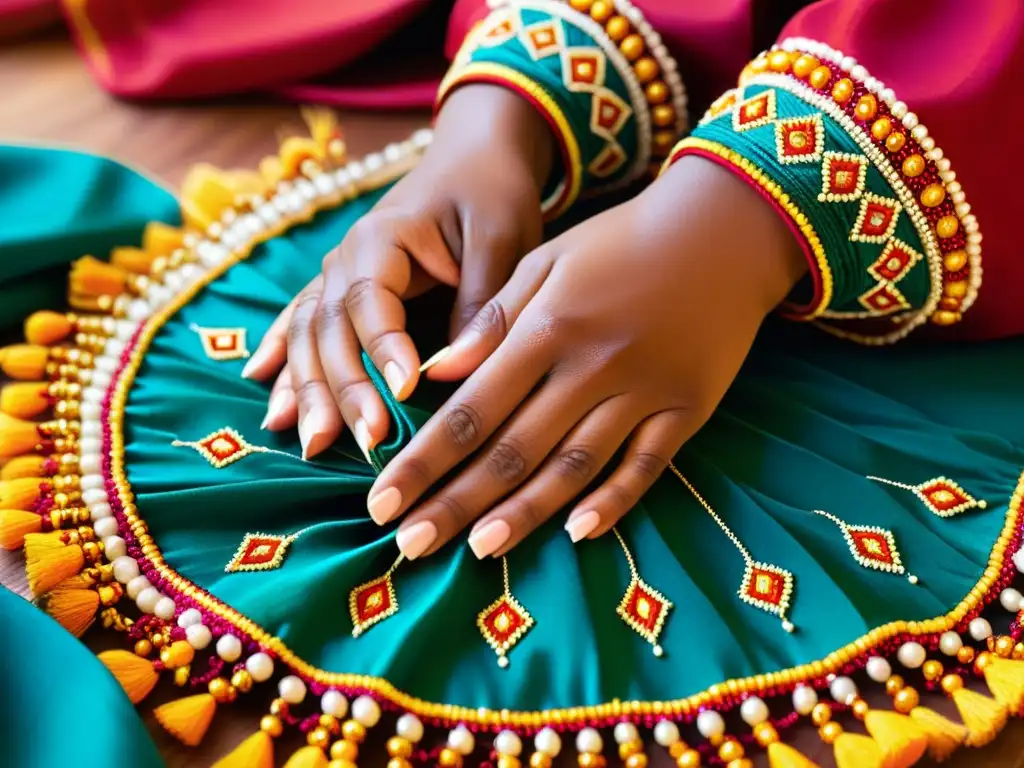 Manos de bailarín hilando cuentas en tela, reflejando tradición y significado cultural de accesorios de danzas tradicionales