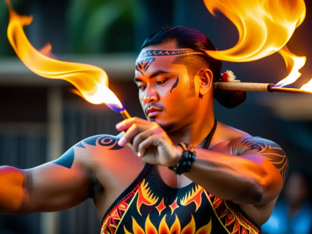 Manos de bailarín de fuego samoano girando un palo en llamas, iluminando un traje tradicional vibrante en el Festival Teuila