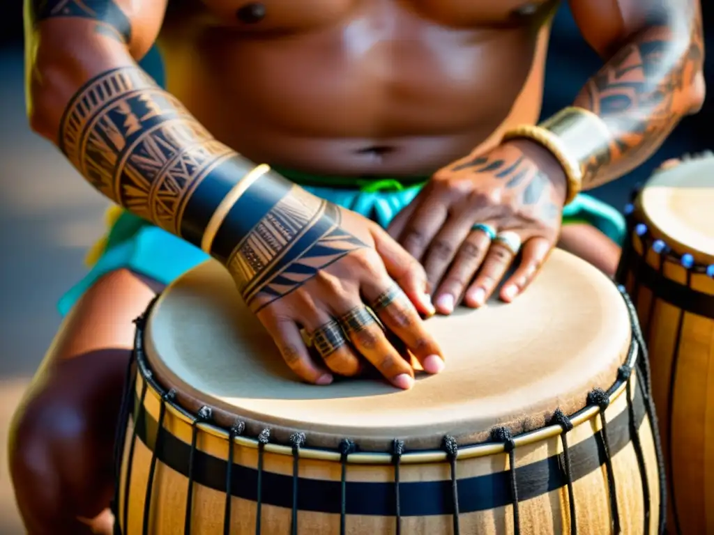 Las manos de un bailarín polinesio tocan con pasión los tambores Ura Pau, demostrando la evolución técnica del Ura Pau de la Polinesia