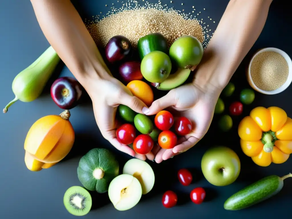 Manos de bailarina sostienen alimentos coloridos, mostrando la importancia de carbohidratos en danza