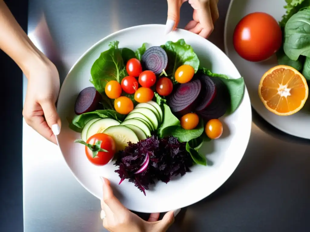 Manos de bailarina preparando un colorido y nutritivo plan alimenticio ideal bailarín con vegetales frescos y expresión determinada