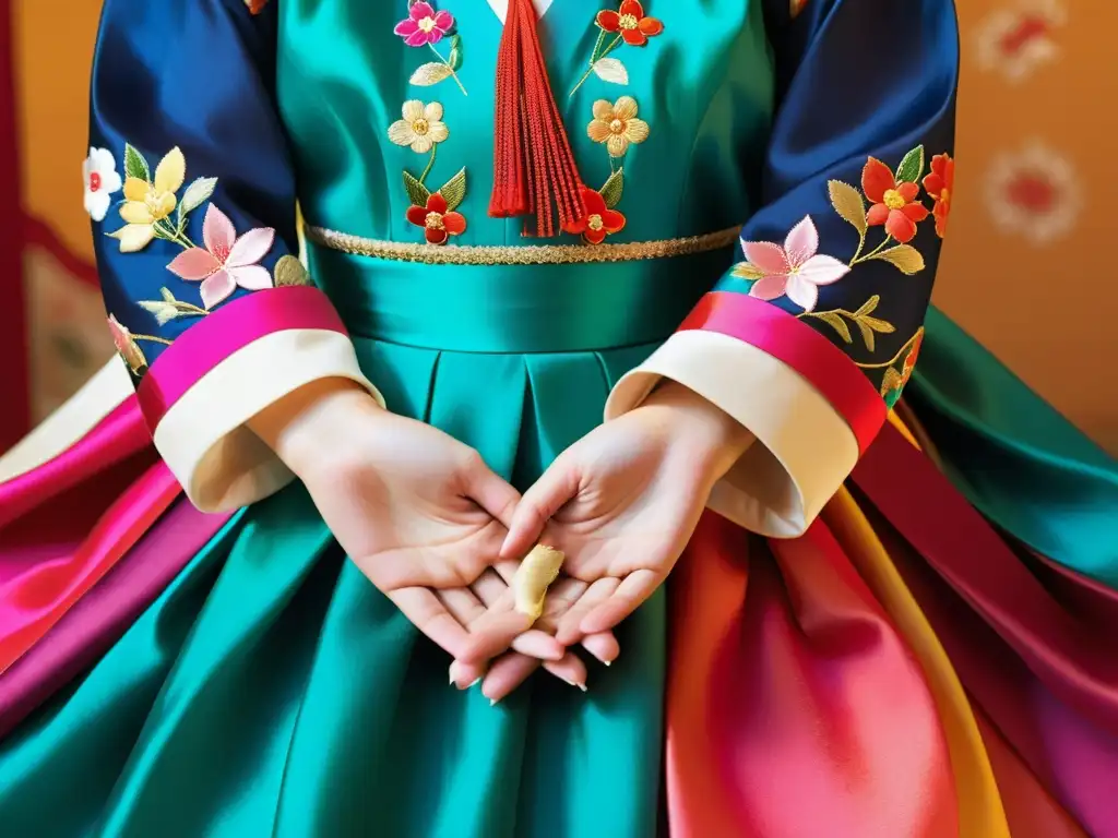 Las manos de una bailarina de hanbok coreano danzan con gracia y precisión, mostrando la elegancia y técnica de la danza tradicional Hanbok Coreana