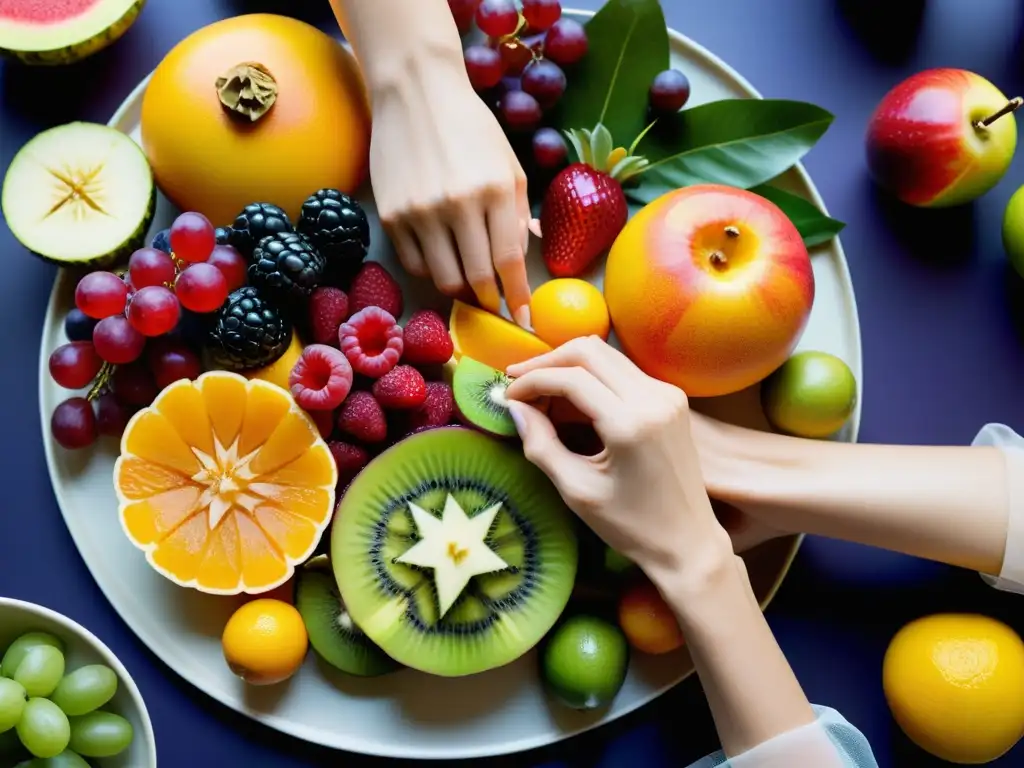 Manos de bailarina creando una elegante y colorida bandeja de frutas exóticas