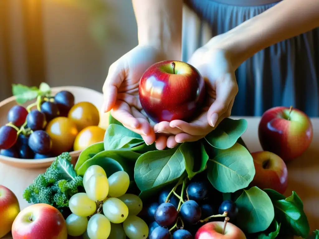 Manos de bailarina sostienen frutas y verduras, resaltando la importancia de la nutrición en danza