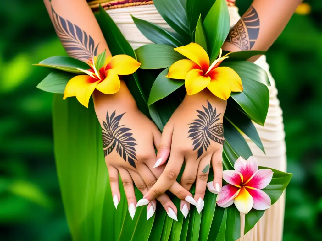 Las manos de una bailarina de hula con pulseras florales y tatuajes polinesios en un gesto narrativo