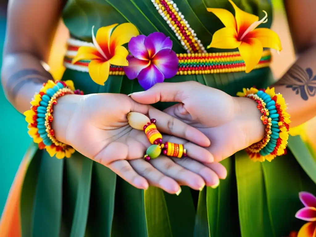 Las manos de una bailarina de hula con pulseras y flores hawaianas