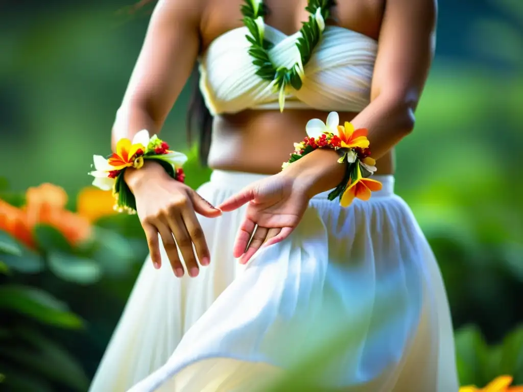 Las manos de una bailarina de hula, con pulseras de flores, danzan en armonía, expresando la evolución de la danza hula con gracia y color