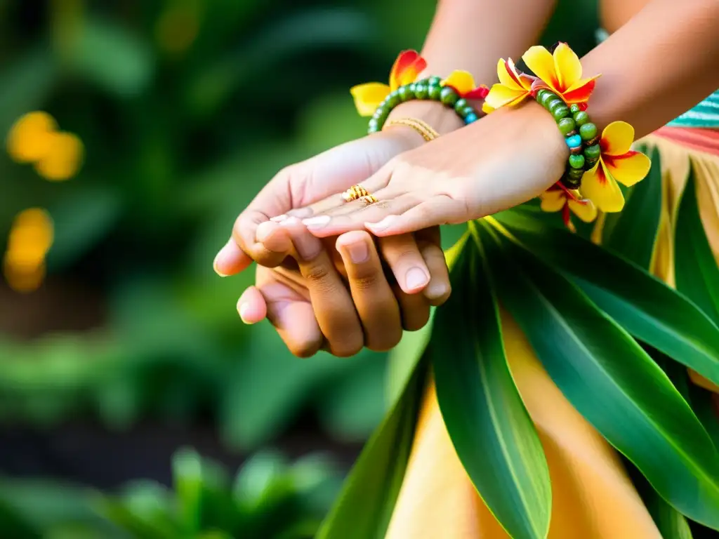 Manos de bailarina de hula con pulseras hawaianas, gestos llenos de significado cultural de la danza hula en un escenario mágico al atardecer en Hawai