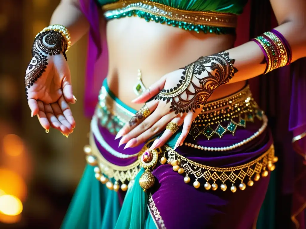 Las manos de una bailarina del vientre, adornadas con diseños de henna, se mueven con gracia en una danza del vientre técnica sensual