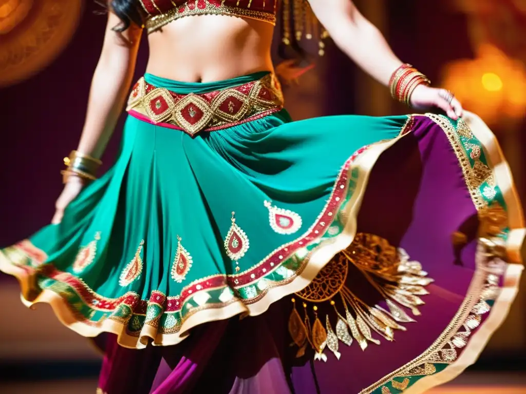 Las manos de una bailarina del vientre con diseños de henna, moviéndose con gracia en un baile tradicional