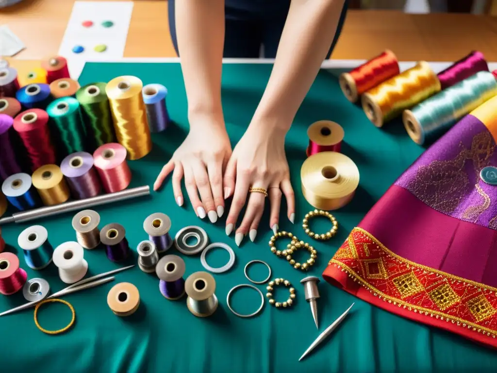 Manos de diseñador confeccionando un vibrante traje de danza, inmerso en el proceso creativo