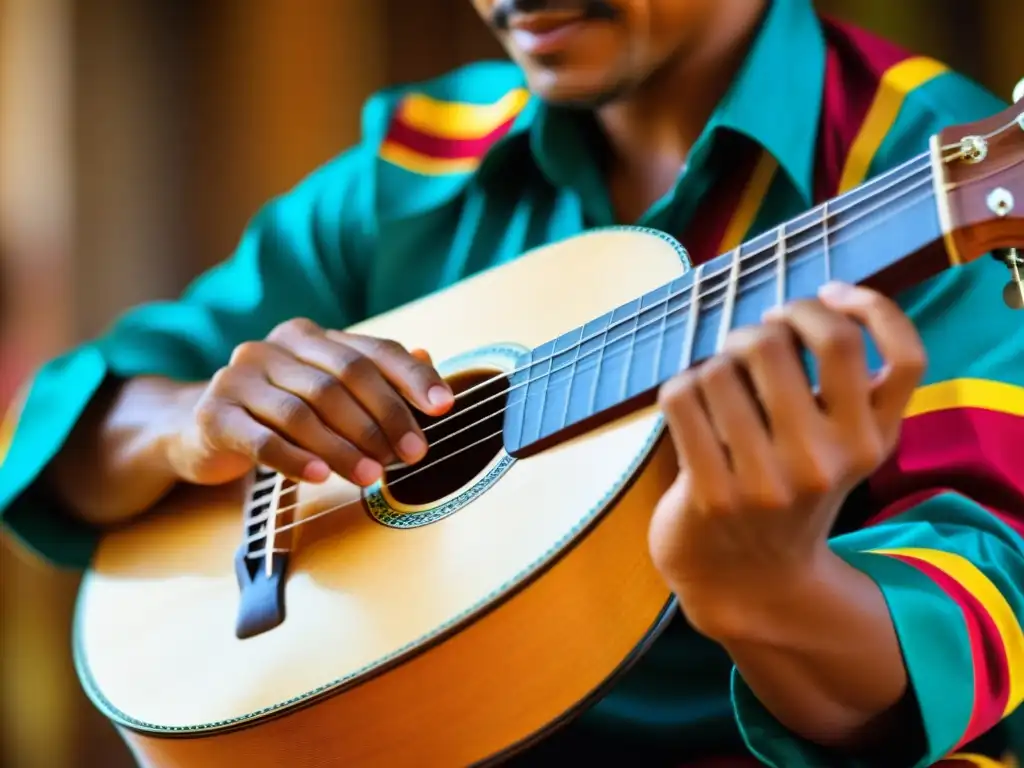 Manos expertas interpretando acordes de fiesta en el joropo venezolano, con pasión y destreza, en medio de una bulliciosa celebración