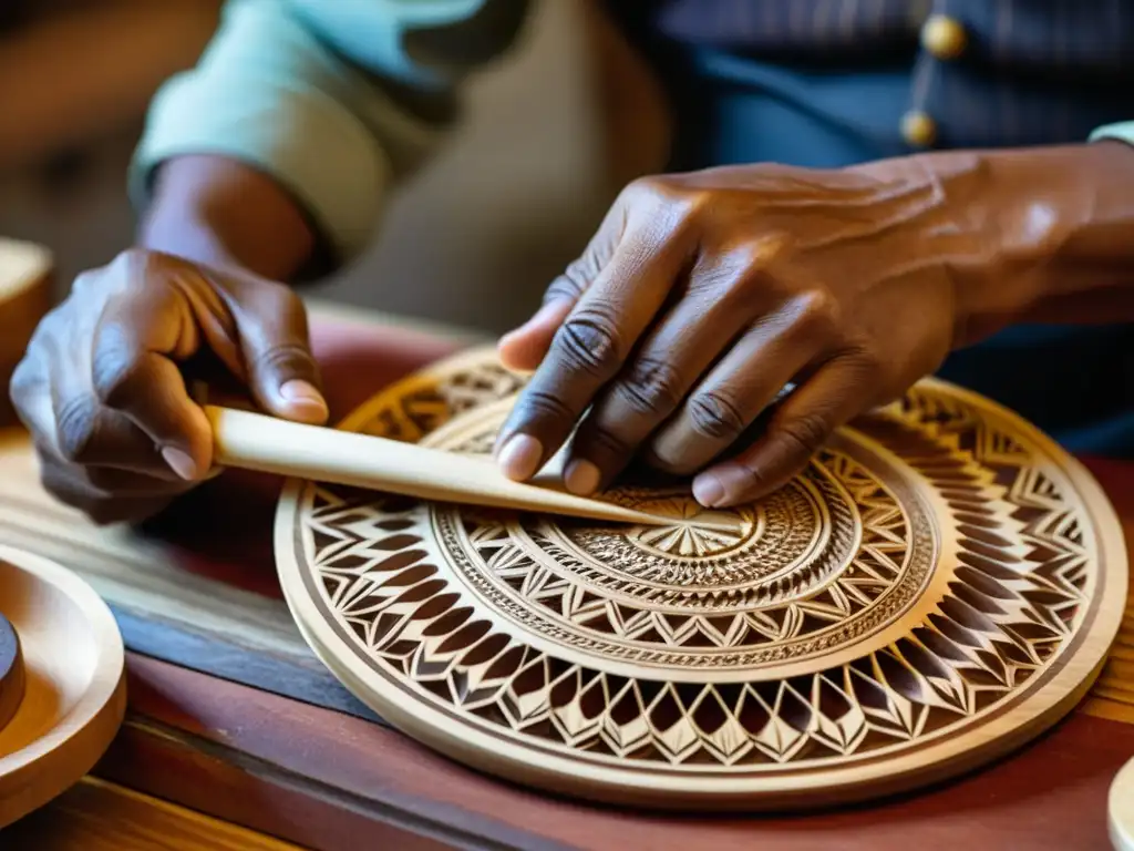 Las manos expertas de un artesano tallando con precisión el cuerpo de un charango andino, capturando la meticulosa construcción del instrumento