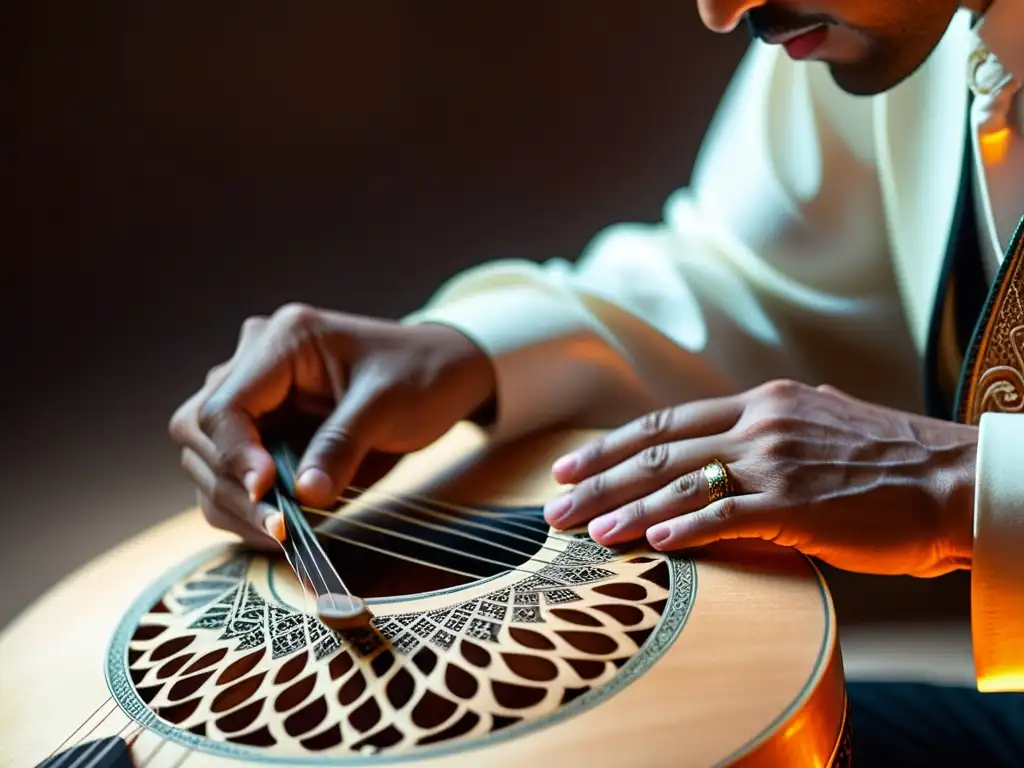 Maestría en movimiento: manos expertas acarician las cuerdas de un oud Las manos expertas de un músico dan vida al oud, con detalles impresionantes y un significado cultural en la danza