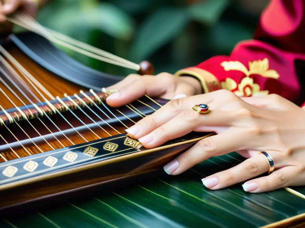 Manos expertas interpretando el zither en danzas vietnamitas, reflejando la belleza y tradición cultural del instrumento