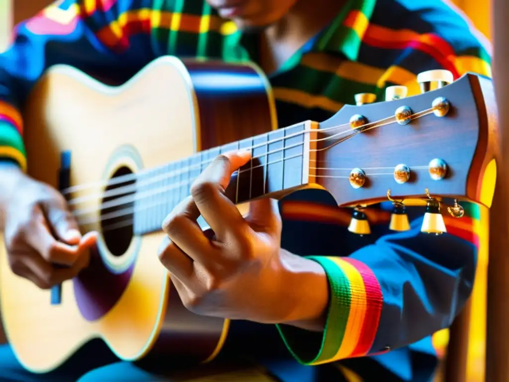 Las manos habilidosas de un músico tocan un cuatro venezolano en una celebración de joropo, con acordes de fiesta en el joropo venezolano