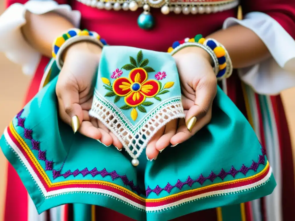 Manos danzantes con pañuelo bordado: elegancia peruana Manos de mujer sosteniendo pañuelo bordado en baile tradicional Marinera Peruana