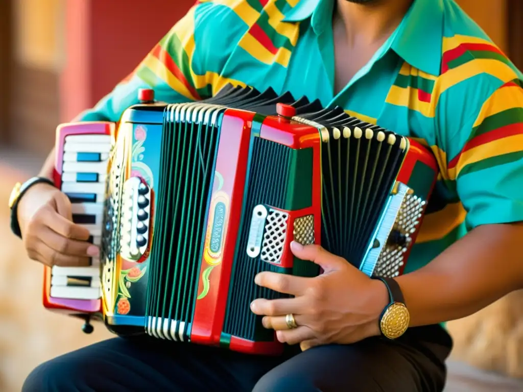 Las manos de un músico habilidoso tocan un acordeón vallenato bellamente adornado, transmitiendo pasión y destreza