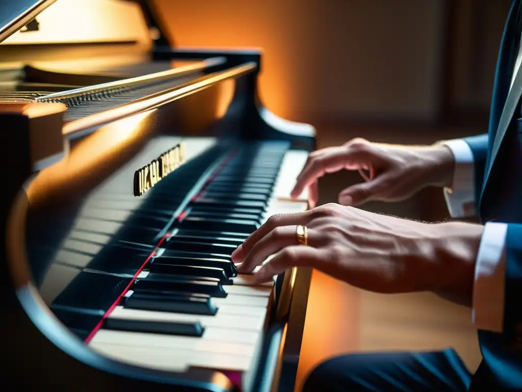 Manos de músico tocando con pasión un piano de cola, evocando emociones a través de la música