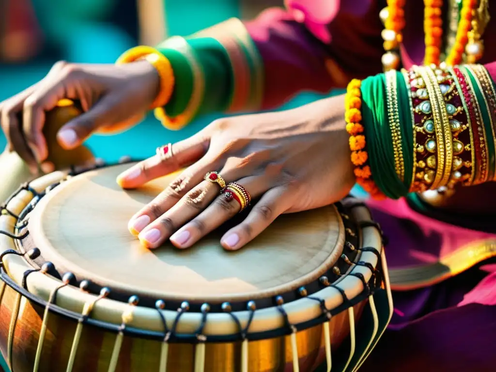 Manos de tabla en movimiento, con joyería tradicional india y tambores decorados