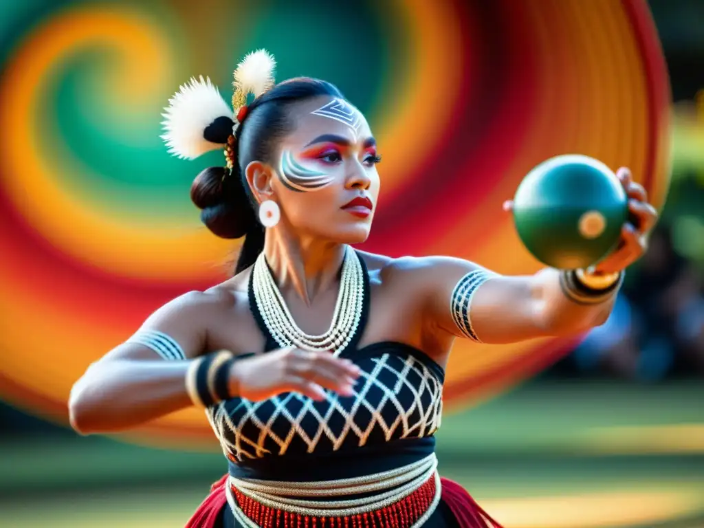 Maorí danzando con poi, expresión concentrada, movimientos fluidos