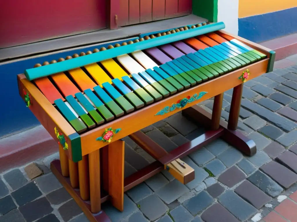 Marimba de madera tallada, decorada con pinturas coloridas, rodeada de flores vibrantes en Veracruz