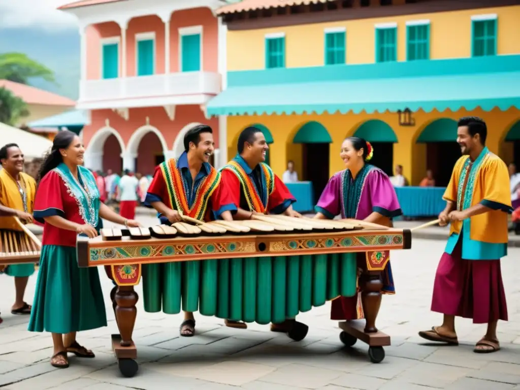 Marimbas de madera en Centroamérica: Músicos y espectadores disfrutan de música tradicional en una animada plaza al atardecer