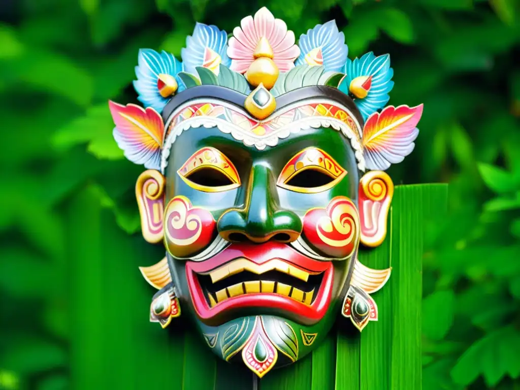 Una máscara de Barong Bali, con colores vibrantes y detalles intrincados, simboliza el significado cultural de la danza tradicional