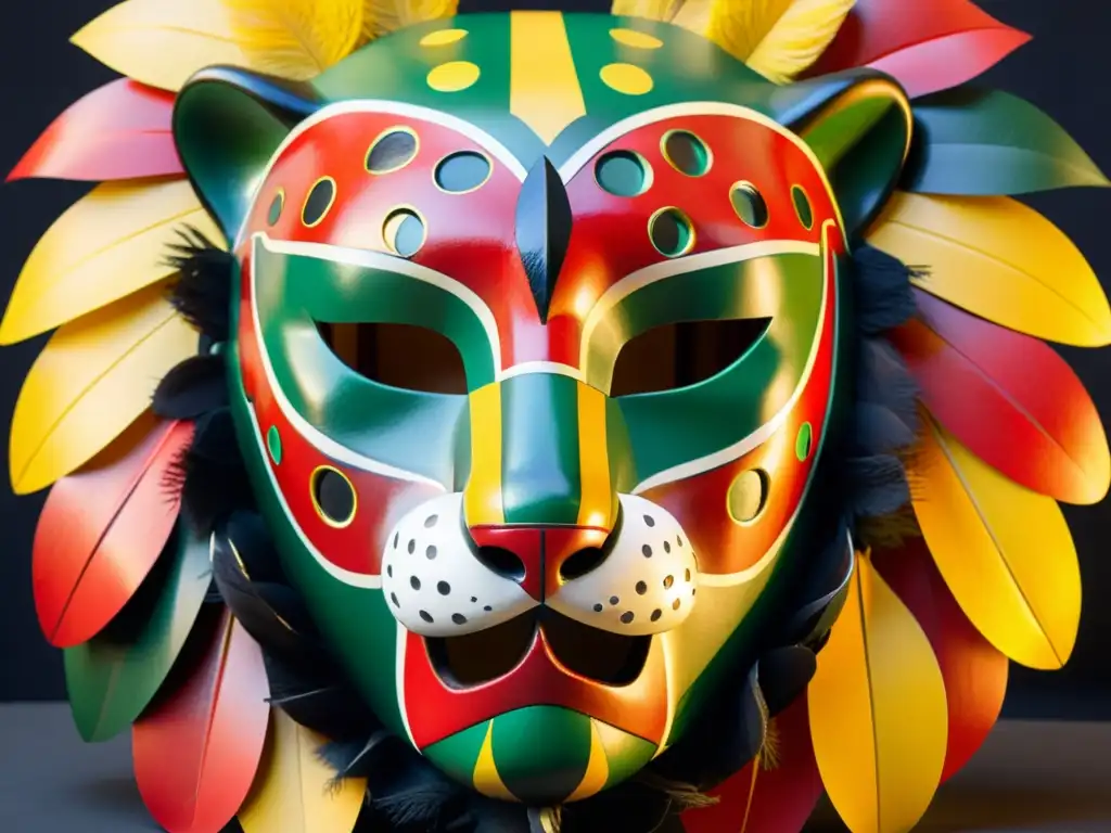 Una máscara tallada con destreza y pintada en tonos vibrantes de rojo, amarillo y negro representa a un feroz jaguar con ojos verdes penetrantes