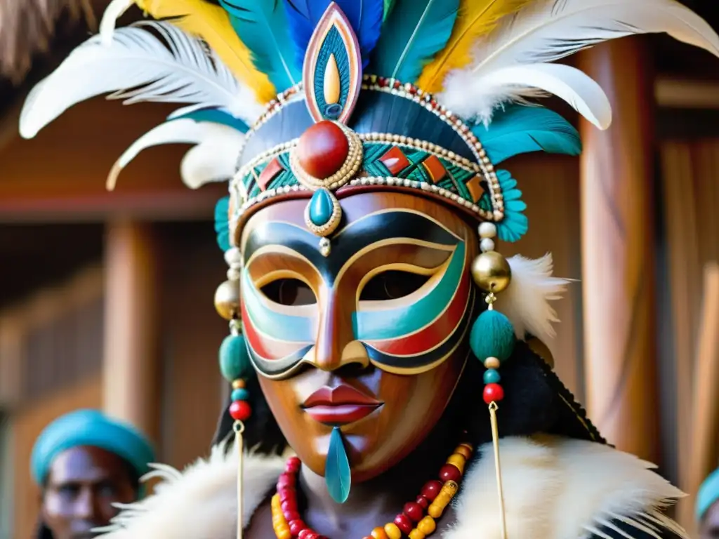 Una máscara tribal tallada a mano con plumas y conchas, sostenida por un miembro de la comunidad, rodeado de danzas y símbolos tribales