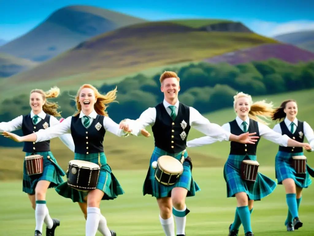 Baile escocés de las Tierras Altas: energía y tradición en acción Tambor Mayor escocés dirige danza Highland, saltos y giros coloridos en paisaje escocés