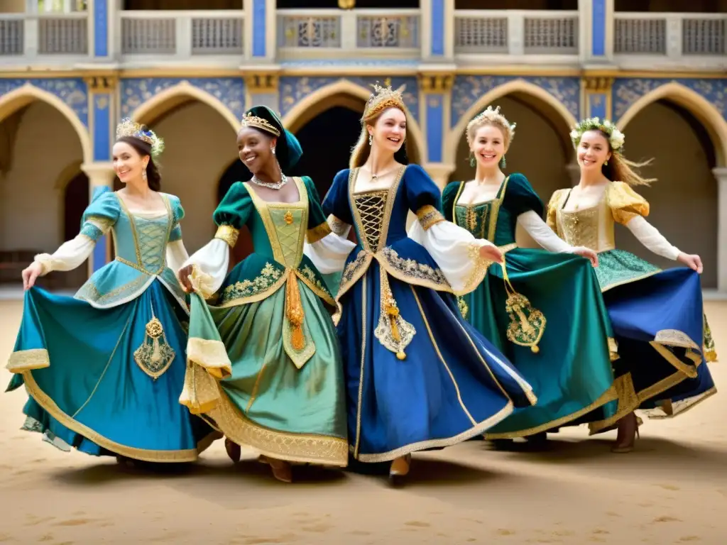 Música medieval en danzas folclóricas francesas: Bailarines ataviados con trajes vibrantes en un castillo medieval, expresando alegría y gracia