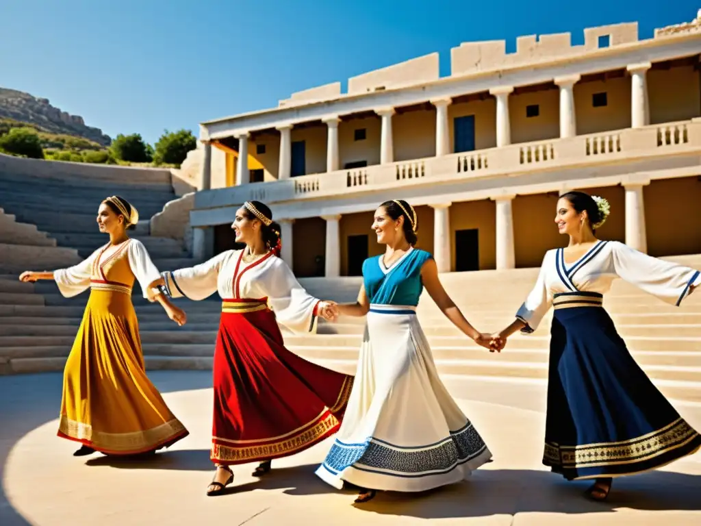 Melodías en las danzas griegas: Grupo de bailarines griegos con trajes tradicionales ejecutando una animada danza en un anfiteatro al aire libre, capturando la gracia y precisión de las antiguas técnicas de baile griego